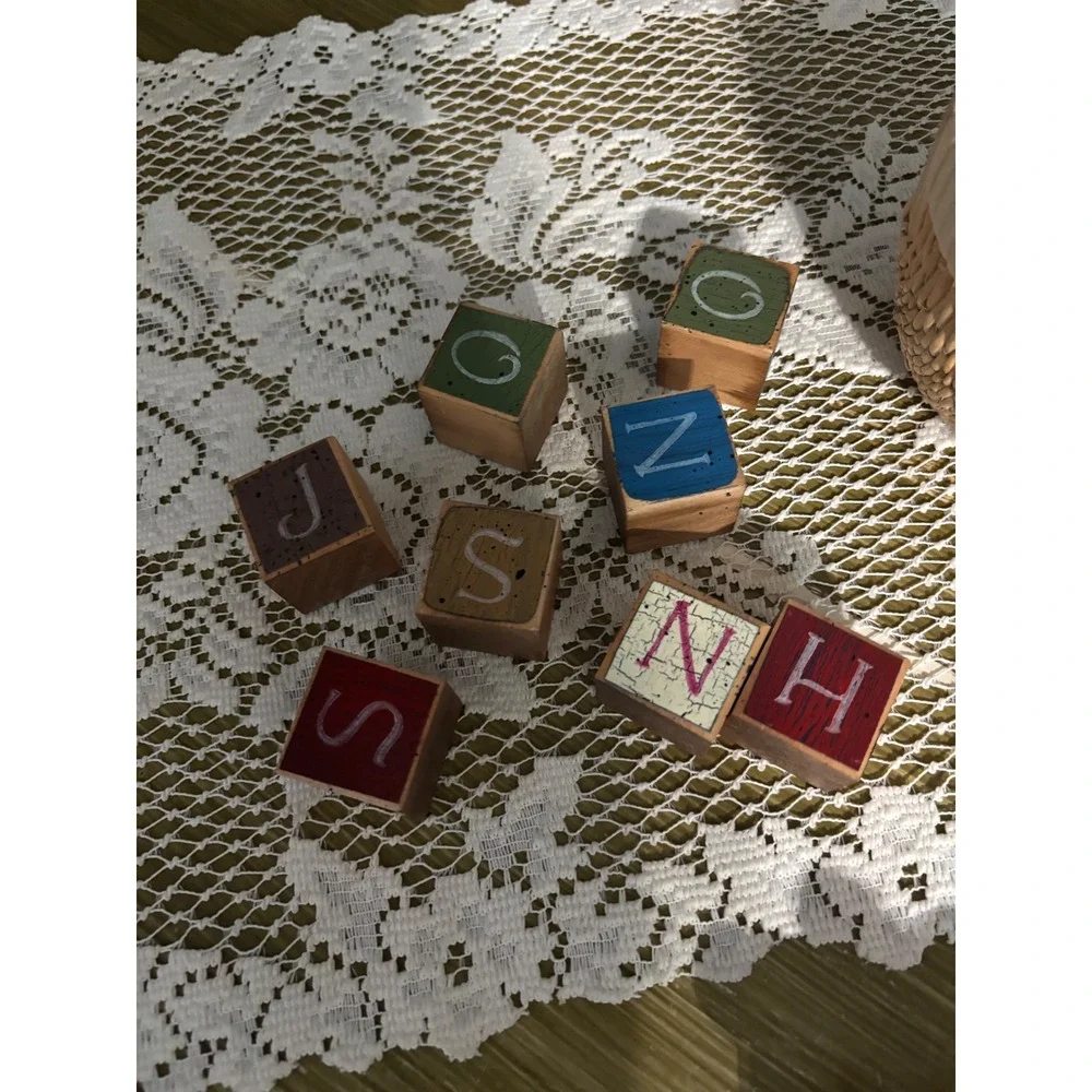 Vintage Miniature Wicker Basket with 8 Wooden Alphabet Blocks Nursery Decor Set